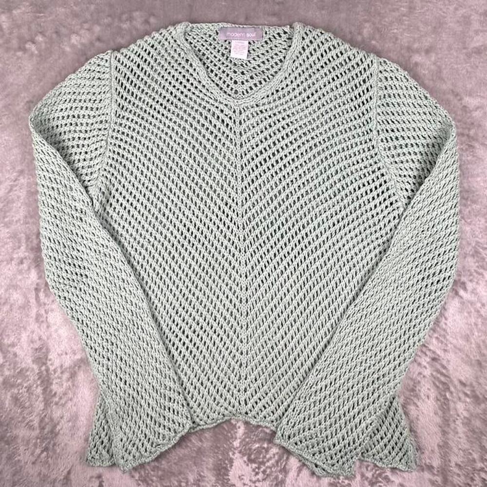 Modern Soul Light Green Open-Knit Sheer Linen Blend Sweater Size Large
